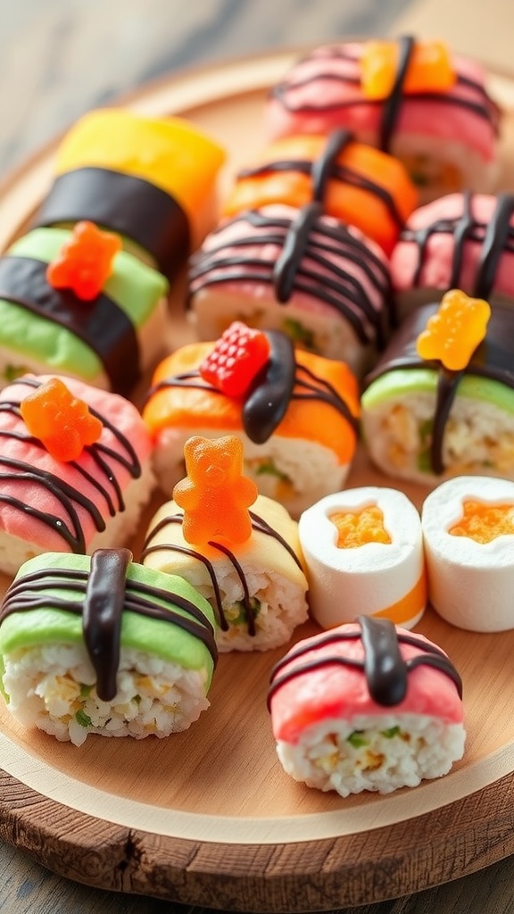 An array of colorful homemade sushi clay treats resembling various sushi styles with vibrant toppings, on a rustic wooden platter.